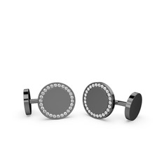Taşlı Daire Kol Düğmesi - Beyaz zirkon 925 ayar siyah rodyum kaplama gümüş kol düğmesi #153tdxf
