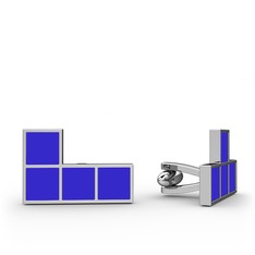 Tetris Kol Düğmesi - 18 ayar beyaz altın kol düğmesi (Mavi mineli) #ede004