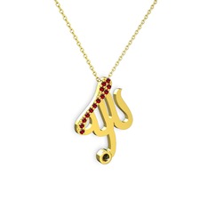 Taşlı Allah Yazılı Kolye - Garnet ve dumanlı kuvars 14 ayar altın kolye (40 cm altın rolo zincir) #1kjv3xg