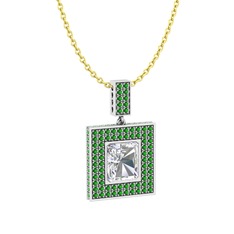 Albera Kolye - Beyaz zirkon ve yeşil kuvars 14 ayar beyaz altın kolye (40 cm gümüş rolo zincir) #jzxm14