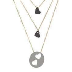 Üçlü Kalp Kolye - 925 ayar siyah rodyum kaplama gümüş kolye (45 cm altın rolo zincir) #1gffoxa