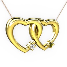 İkili Kalp Kolye - Pırlanta ve peridot 8 ayar altın kolye (0.036 karat, 40 cm gümüş rolo zincir) #1wrowq9