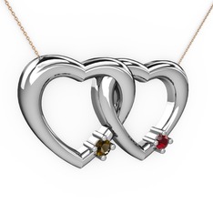 İkili Kalp Kolye - Dumanlı kuvars ve garnet 8 ayar beyaz altın kolye (40 cm rose altın rolo zincir) #tbq5au