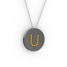 U Baş Harf Kolye - Sitrin 925 ayar siyah rodyum kaplama gümüş kolye (40 cm gümüş rolo zincir) #1qwexpo