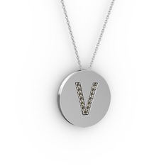 V Baş Harf kolye - Dumanlı kuvars 925 ayar gümüş kolye (40 cm beyaz altın rolo zincir) #y1ibrj