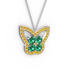 Kelebek Kolye - Sitrin ve yeşil kuvars 8 ayar beyaz altın kolye (40 cm gümüş rolo zincir) #1411nrj