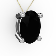 Oval Kolye - Siyah zirkon 14 ayar beyaz altın kolye (40 cm gümüş rolo zincir) #1okveql