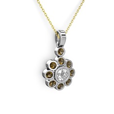 Elmas Çiçek Kolye - Dumanlı kuvars ve pırlanta 8 ayar beyaz altın kolye (0.5 karat, 40 cm gümüş rolo zincir) #14pcuby