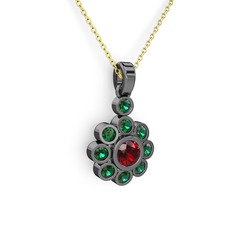 Elmas Çiçek Kolye - Yeşil kuvars ve garnet 925 ayar siyah rodyum kaplama gümüş kolye (40 cm altın rolo zincir) #pa32h