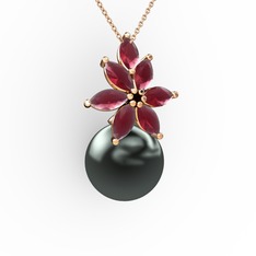 Kar Çiçeği İnci Kolye - Siyah inci ve kök yakut 8 ayar rose altın kolye (40 cm rose altın rolo zincir) #1rqq60a