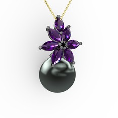 Kar Çiçeği İnci Kolye - Siyah inci ve ametist 925 ayar siyah rodyum kaplama gümüş kolye (40 cm altın rolo zincir) #nyxs19
