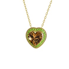 Esinti Kalp Kolye - Dumanlı kuvars ve peridot 8 ayar altın kolye (40 cm altın rolo zincir) #1ulxjev