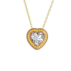 Esinti Kalp Kolye - Beyaz zirkon ve sitrin 8 ayar rose altın kolye (40 cm altın rolo zincir) #t65a5g