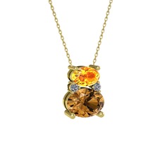 Thea Kolye - Sitrin, dumanlı kuvars ve pırlanta 8 ayar altın kolye (0.036 karat, 40 cm altın rolo zincir) #el451i
