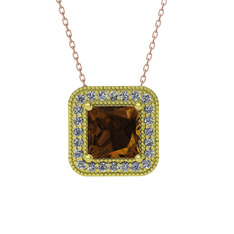 Esinti Kare Kolye - Dumanlı kuvars ve pırlanta 18 ayar altın kolye (0.264 karat, 40 cm rose altın rolo zincir) #fve3mi
