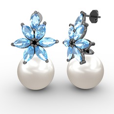 Kar Çiçeği İnci Küpe - Inci ve akuamarin 925 ayar siyah rodyum kaplama gümüş küpe #1onaxzp