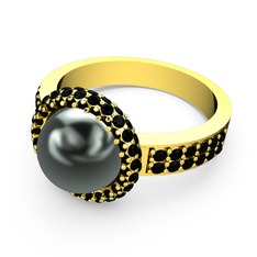 Mina İnci Yüzük - Siyah zirkon ve siyah inci 14 ayar altın yüzük #13gh8b4