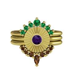 Minimal Tria Cora Yüzük - Yeşil kuvars, ametist ve dumanlı kuvars 925 ayar altın kaplama gümüş yüzük #93zoeh