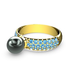 Lena İnci Yüzük - Siyah inci ve akuamarin 925 ayar altın kaplama gümüş yüzük #q6hql4