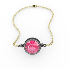Tektaş Bilezik - Pembe kuvars 925 ayar siyah rodyum kaplama gümüş bileklik (40 cm altın rolo zincir) #190e92z