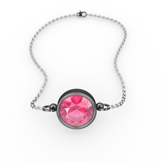 Pembe kuvars 925 ayar siyah rodyum kaplama gümüş bileklik (40 cm beyaz altın rolo zincir)
