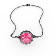 Tektaş Bilezik - Pembe kuvars 925 ayar siyah rodyum kaplama gümüş bileklik (40 cm gümüş rolo zincir) #kr66g2