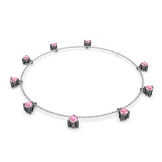 Sallantılı Tektaş Bilezik - Pembe kuvars 925 ayar siyah rodyum kaplama gümüş bilezik (40 cm beyaz altın rolo zincir) #11gus0z