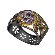 Taşlı Gül Bilezik - Pembe kuvars ve sitrin 925 ayar siyah rodyum kaplama gümüş bilezik #17gqsr4