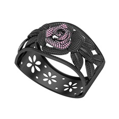 Taşlı Gül Bilezik - Pembe kuvars ve siyah zirkon 925 ayar siyah rodyum kaplama gümüş bilezik #1a438fh