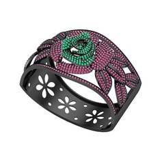 Taşlı Gül Bilezik - Kök zümrüt ve rodolit garnet 925 ayar siyah rodyum kaplama gümüş bilezik #1q7d8ph