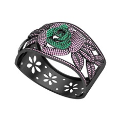 Taşlı Gül Bilezik - Kök zümrüt ve pembe kuvars 925 ayar siyah rodyum kaplama gümüş bilezik #1xc8702