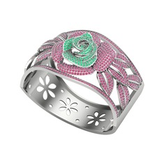 Taşlı Gül Bilezik - Kök zümrüt ve rodolit garnet 18 ayar beyaz altın bilezik #6f7ubc