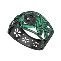 Taşlı Gül Bilezik - Siyah zirkon ve kök zümrüt 925 ayar siyah rodyum kaplama gümüş bilezik #7z3kmd