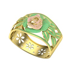 Taşlı Gül Bilezik - Pembe kuvars ve kök zümrüt 18 ayar altın bilezik #xnc24d