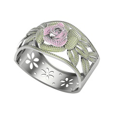 Taşlı Gül Bilezik - Pembe kuvars ve peridot 14 ayar beyaz altın bilezik #xwtj38