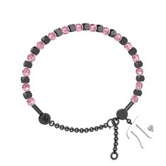 Mitra Pi Bilezik - Pembe kuvars ve beyaz zirkon 925 ayar siyah rodyum kaplama gümüş bilezik #16zqfto