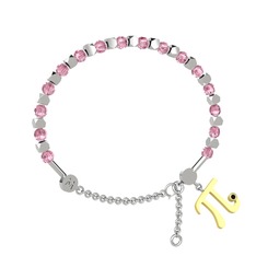 Pembe kuvars ve siyah zirkon 18 ayar beyaz altın bilezik