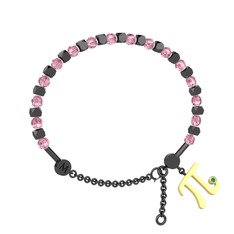 Mitra Pi Bilezik - Pembe kuvars ve kök zümrüt 925 ayar siyah rodyum kaplama gümüş bilezik #d8wfi