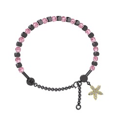 Mitra Yasemin Çiçeği Bilezik - Pembe kuvars ve swarovski 925 ayar siyah rodyum kaplama gümüş bilezik #1mhrvdl