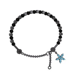 Mitra Yasemin Çiçeği Bilezik - Siyah zirkon ve akuamarin 925 ayar siyah rodyum kaplama gümüş bilezik #1ywy8s3