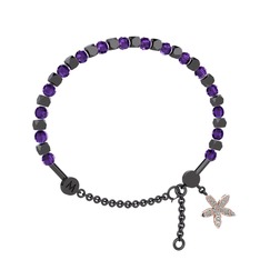 Mitra Yasemin Çiçeği Bilezik - Ametist ve pırlanta 925 ayar siyah rodyum kaplama gümüş bilezik (0.3 karat) #2409tp