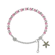 Mitra Yasemin Çiçeği Bilezik - Pembe kuvars ve peridot 14 ayar beyaz altın bilezik #366j7k