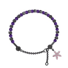 Mitra Yasemin Çiçeği Bilezik - Ametist ve pembe kuvars 925 ayar siyah rodyum kaplama gümüş bilezik #6hp61p