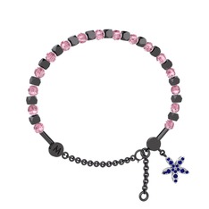 Mitra Yasemin Çiçeği Bilezik - Pembe kuvars ve lab safir 925 ayar siyah rodyum kaplama gümüş bilezik #9bsatr