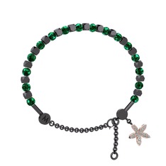 Mitra Yasemin Çiçeği Bilezik - Yeşil kuvars ve pırlanta 925 ayar siyah rodyum kaplama gümüş bilezik (0.3 karat) #dkbd8p