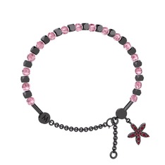 Mitra Yasemin Çiçeği Bilezik - Pembe kuvars ve kök yakut 925 ayar siyah rodyum kaplama gümüş bilezik #kwhr54