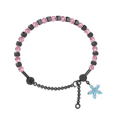 Mitra Yasemin Çiçeği Bilezik - Pembe kuvars ve akuamarin 925 ayar siyah rodyum kaplama gümüş bilezik #vm816a