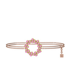 Pembe kuvars 14 ayar altın bilezik (40 cm rose altın rolo zincir)