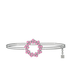 Pembe kuvars 8 ayar beyaz altın bilezik (40 cm gümüş rolo zincir)