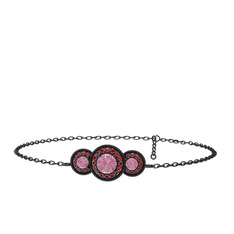 Pembe kuvars ve garnet 925 ayar siyah rodyum kaplama gümüş bilezik (17 cm gümüş rolo zincir)